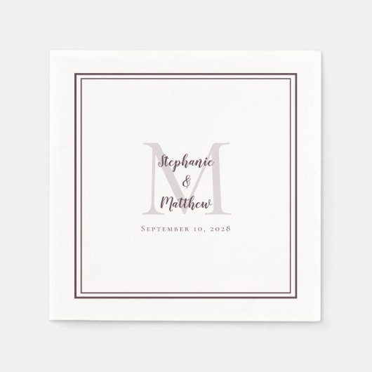 Moderne bruiloft Names Datum Monogram Paarse cockt Servet (Voorkant)