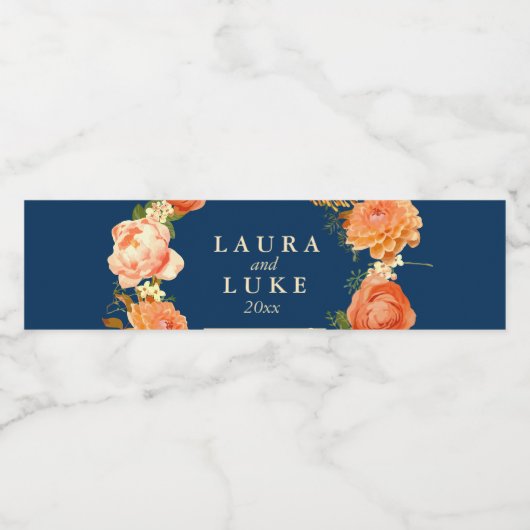 Moderne bruiloft, Oranje Floral Waterfles Etiket (Enkel label)