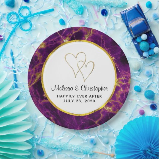 Moderne bruiloft Paars en gouden Abstracte marmer Papieren Bordje (Feest)