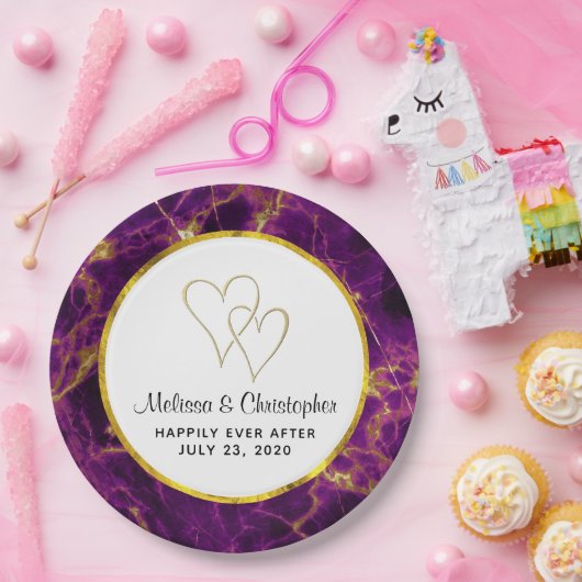 Moderne bruiloft Paars en gouden Abstracte marmer Papieren Bordje (Feest)