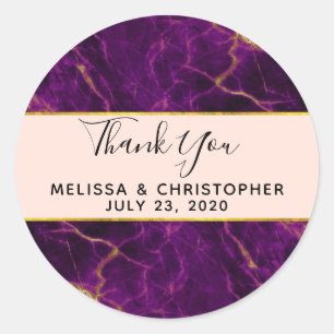 Moderne bruiloft Paars en gouden Abstracte marmer Ronde Sticker