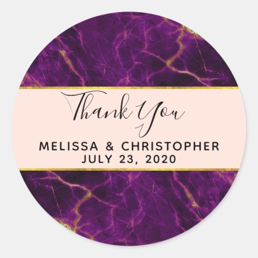 Moderne bruiloft Paars en gouden Abstracte marmer Ronde Sticker (Voorkant)