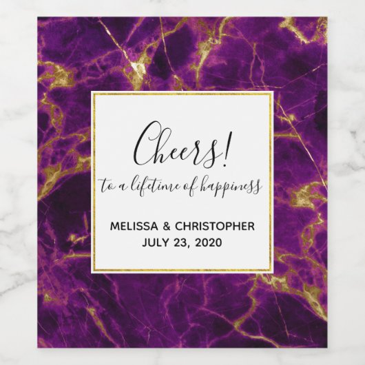 Moderne bruiloft Paars en gouden Abstracte marmer Wijn Etiket (Enkel label)