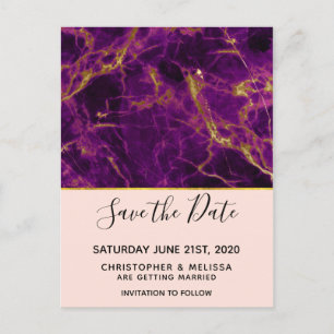 Moderne bruiloft Paars en gouden marmer Save the D Briefkaart