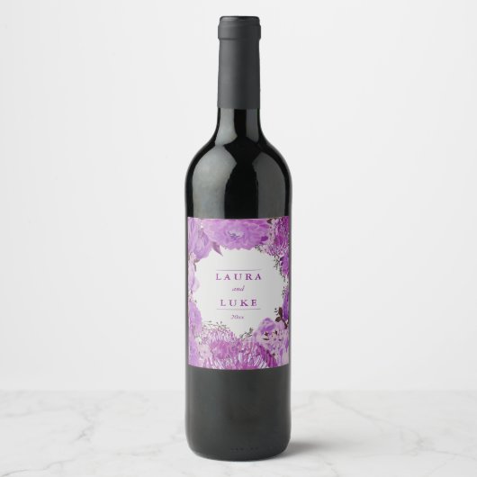 Moderne bruiloft, Paarse Floral Wijn Etiket (Voorkant)