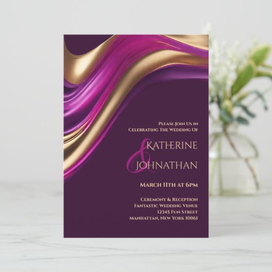 Moderne bruiloft-Paarse Fuchsia en Gold- Kaart (Staand voorkant)
