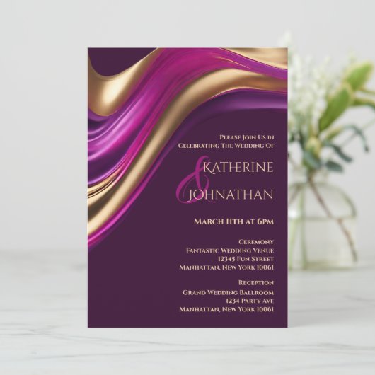 Moderne bruiloft-Paarse Fuchsia en Gold- Kaart (Staand voorkant)