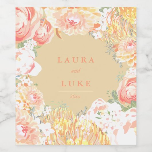 Moderne bruiloft, perzik bloemen wijn etiket (Enkel label)