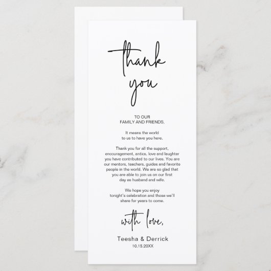 Moderne bruiloft Plaats Instelling Diner Bedankt v Programmakaart (Voorkant / Achterkant)