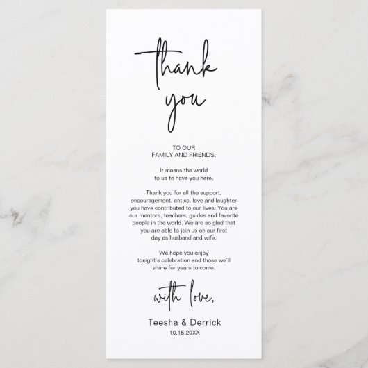 Moderne bruiloft Plaats Instelling Diner Bedankt v Programmakaart (Voorkant)