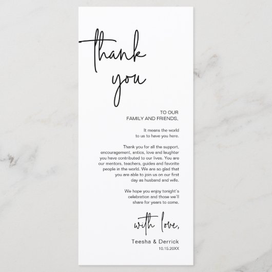 Moderne bruiloft Plaats Instelling Diner Bedankt v Programmakaart (Voorkant)