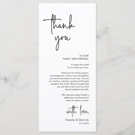 Moderne bruiloft Plaats Instelling Diner Bedankt v Programmakaart (Voorkant)