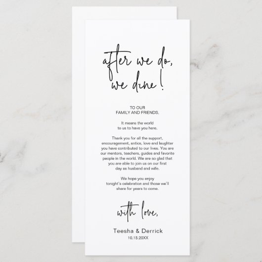 Moderne bruiloft Plaats Instelling Diner Bedankt v Programmakaart (Voorkant / Achterkant)