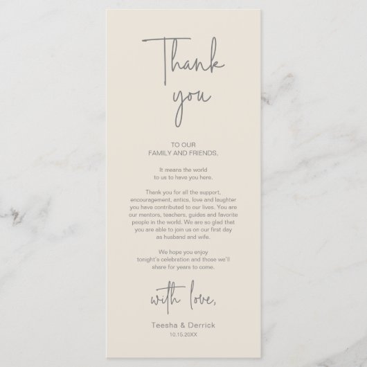 Moderne bruiloft Plaats Instelling Diner Bedankt v Programmakaart (Voorkant)