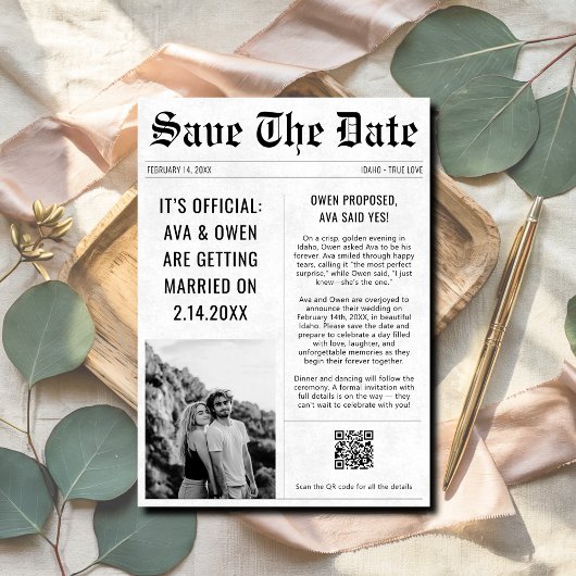 Moderne bruiloft QR Code Krantenstijl Foto Save The Date