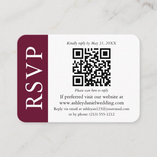 Moderne bruiloft QR RSVP Foto Burgundy and White Informatiekaartje (Voorkant)