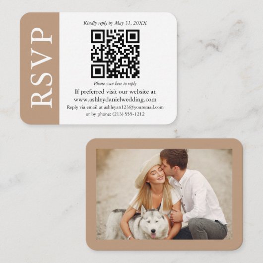 Moderne bruiloft QR RSVP Foto Taupe and White Informatiekaartje (Voorkant / Achterkant)