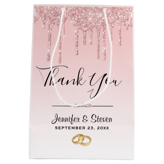 Moderne bruiloft roze glitter druppels dank u medium cadeauzakje (Achterkant)