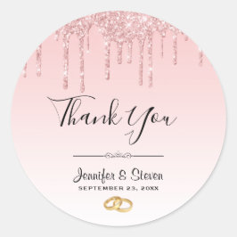 Moderne bruiloft roze glitter druppels dank u ronde sticker