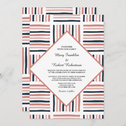 Moderne bruiloft roze Waterverf trendy gestreept Kaart (Voorkant / Achterkant)