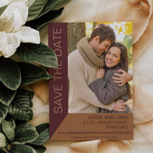 Moderne bruiloft Save Date Foto Burgundy Rust Kaart