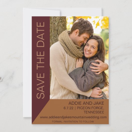 Moderne bruiloft Save Date Foto Burgundy Rust Kaart (Voorkant)