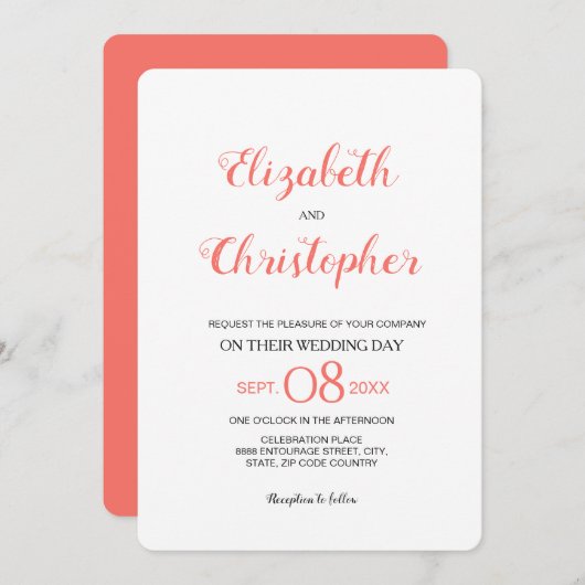 Moderne bruiloft script kleur koraal kaart (Voorkant / Achterkant)