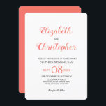Moderne bruiloft script kleur koraal kaart<br><div class="desc">Deze moderne en chique huwelijksuitnodiging maakt gebruik van de trendy koraalkleur. De namen in schrift handgeschreven stijl lettertype zijn prominent en duidelijk. Personaliseer de details met uw informatie. De accentkleur koraal kan worden gewijzigd met behulp van de tool Aanpassen verder. als u hulp nodig hebt neem dan contact met mij...</div>