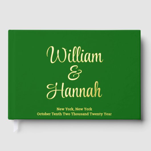 Moderne bruiloft smaragdgroen met gouden hardcover gastenboek (Voorkant)