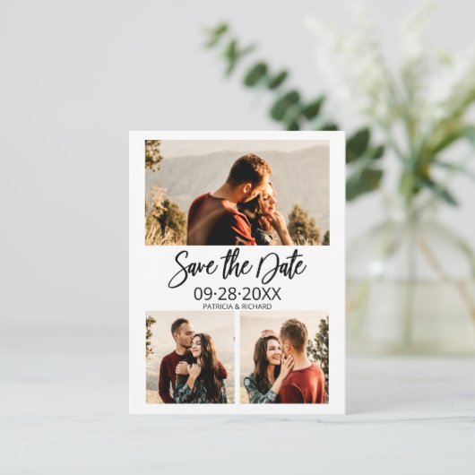 Moderne bruiloft sparen Datum 3 Foto collage Briefkaart (Staand voorkant)