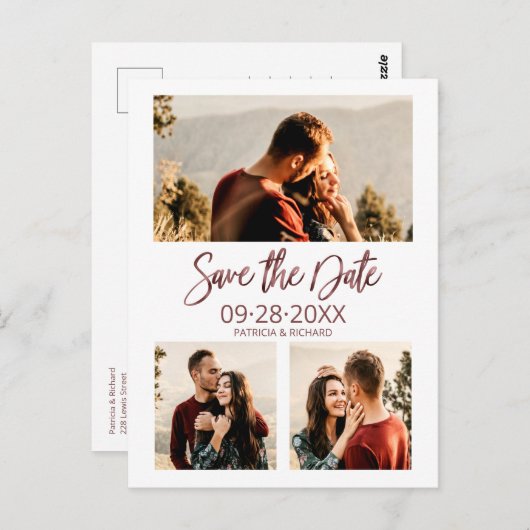 Moderne bruiloft sparen Datum 3 Foto collage Briefkaart (Voorkant / Achterkant)