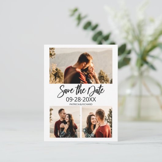 Moderne bruiloft sparen Datum 3 Foto collage Briefkaart (Staand voorkant)