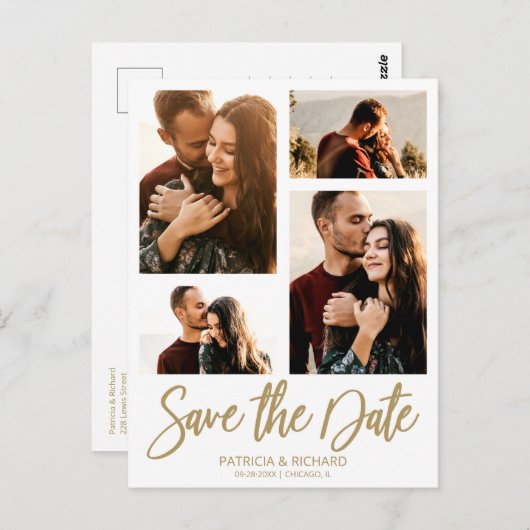 Moderne bruiloft sparen Datum 4 Foto collage Briefkaart (Voorkant / Achterkant)