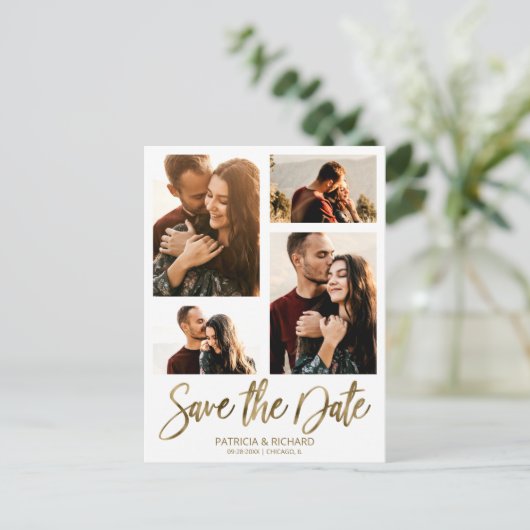 Moderne bruiloft sparen Datum 4 Foto collage Briefkaart (Staand voorkant)