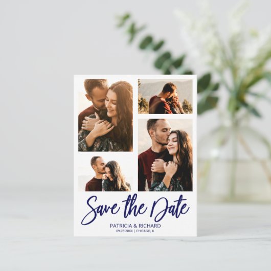 Moderne bruiloft sparen Datum 4 Foto collage Briefkaart (Staand voorkant)