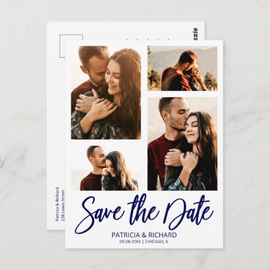 Moderne bruiloft sparen Datum 4 Foto collage Briefkaart (Voorkant / Achterkant)