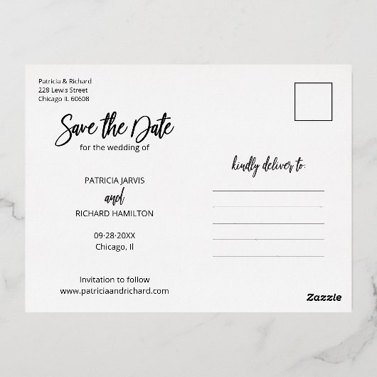 Moderne bruiloft sparen Datum 4 Foto collage Folie Feestdagen Briefkaart (Achterkant)