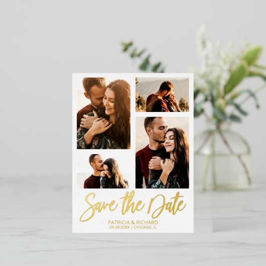 Moderne bruiloft sparen Datum 4 Foto collage Folie Feestdagen Briefkaart (Staand Voorkant)