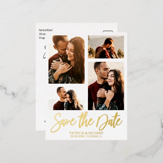 Moderne bruiloft sparen Datum 4 Foto collage Folie Feestdagen Briefkaart (Voorkant / Achterkant)
