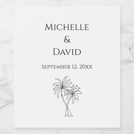 Moderne bruiloft Tropische Palmbomen Monogram Wijn Etiket (Enkel label)