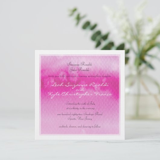 MODERNE BRUILOFT UITNODIGEN ombre waterverf fuschi Kaart (Staand voorkant)