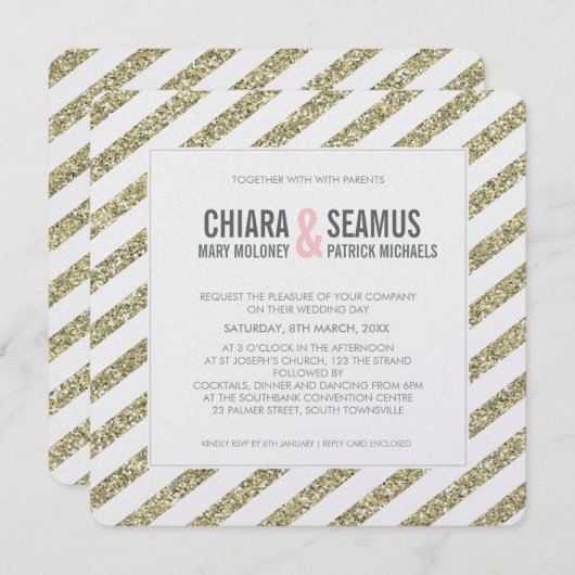 MODERNE BRUILOFT UITNODIGING glitter streep zacht  (Voorkant / Achterkant)