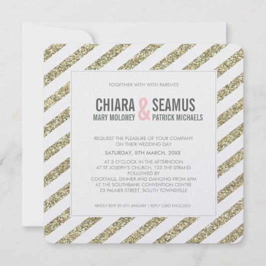 MODERNE BRUILOFT UITNODIGING glitter streep zacht  (Voorkant)