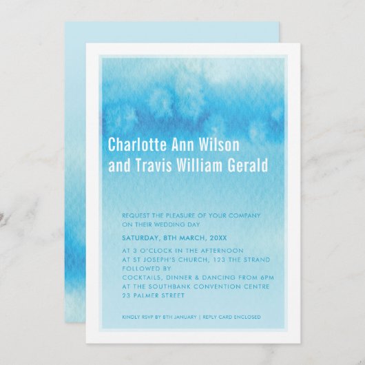 MODERNE BRUILOFT UITNODIGING: ombre waterverf blau Kaart (Voorkant / Achterkant)
