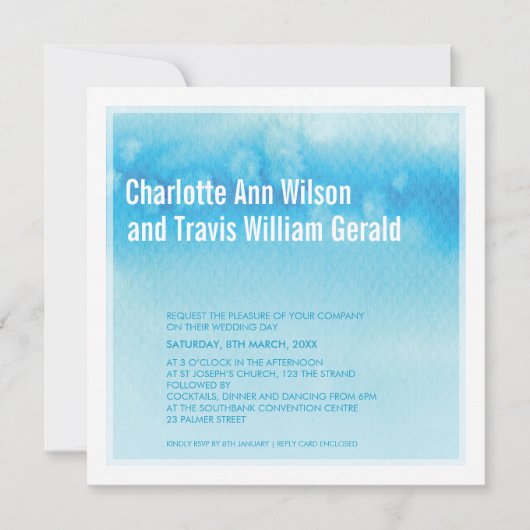 MODERNE BRUILOFT UITNODIGING: ombre waterverf blau Kaart (Voorkant)