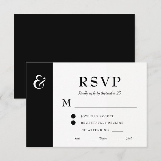 Moderne bruiloft voor zwarte en witte maaltijden RSVP kaartje (Voorkant / Achterkant)