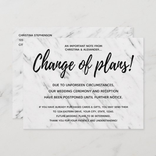 Moderne bruiloft wijziging plannen uitgesteld gean briefkaart (Voorkant / Achterkant)