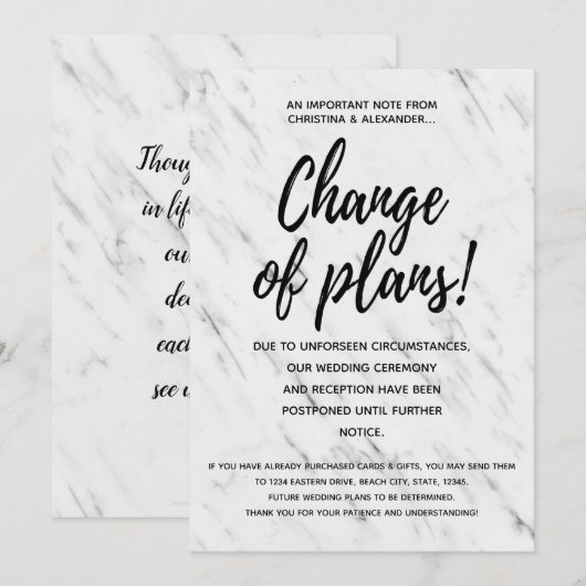 Moderne bruiloft wijziging plannen uitgesteld gean kaart (Voorkant / Achterkant)