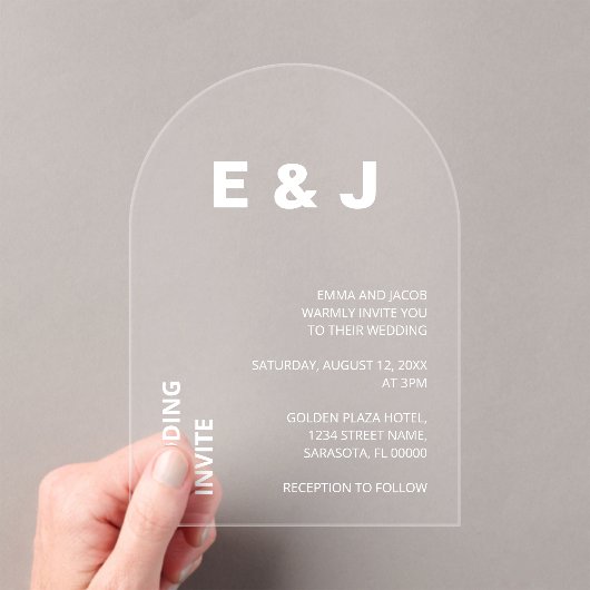 Moderne bruiloft witte tekst acryl uitnodiging (Insitu (Draagbaar))