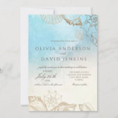 Moderne bruiloft zomer blauwe oceaan strand bruilo kaart (Voorkant)